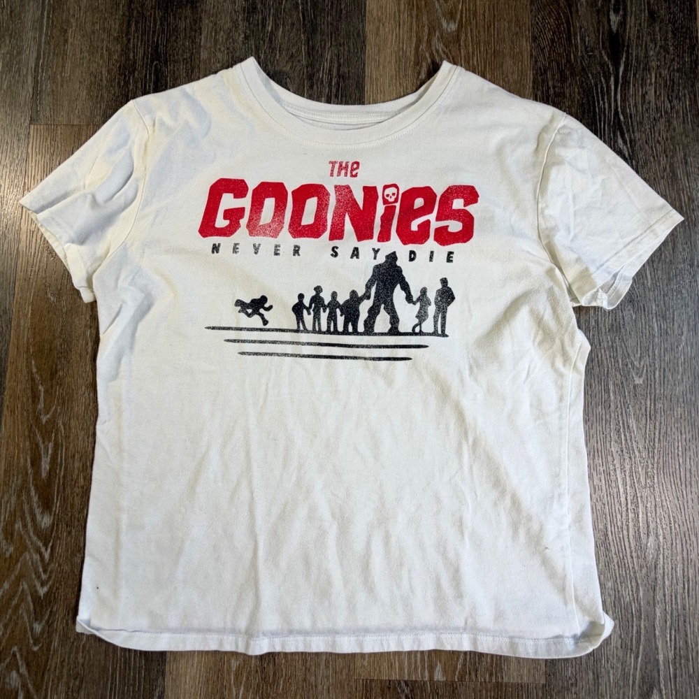 The Goonies Graphic T-Shirt Womens Large White Never Say Die Retro 80s Movie